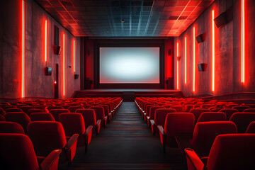 Fototapeta premium A movie theater with rows of red seats and a large white screen in the background