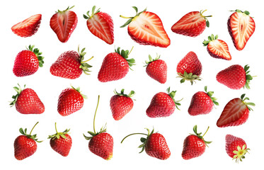 Set of many strawberries on transparent, PNG or white background. Fresh strawberry fruit. For food packages.