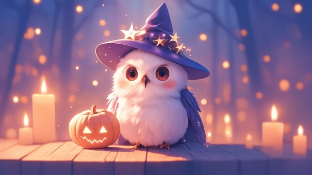The image of a cute owl wearing a witch's hat or a little ghost represents Halloween, which is celebrated on October 31st every year.