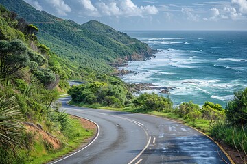 A winding road with a beautiful ocean view in the background