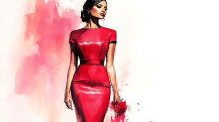 Fototapeta premium A watercolor illustration of a woman wearing a red dress.
