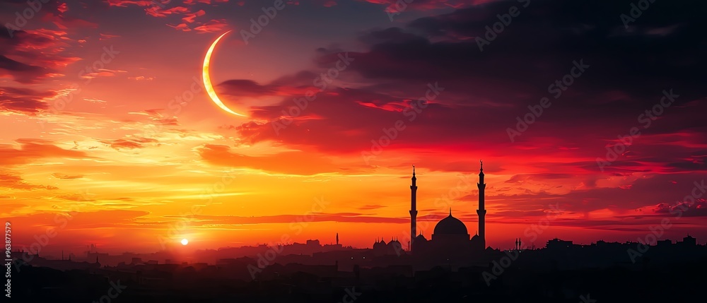 Wall mural breathtaking sunset with a crescent moon over a mosque silhouette, showcasing vibrant colors and tra