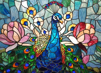 a beautiful peacock in bloom - fine stained glass design © Salander Studio