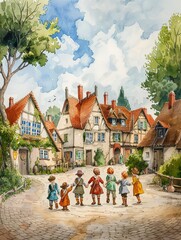 Village children playing medieval games, medieval era, childhood and play