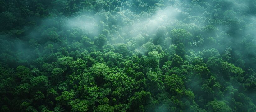 Aerial View of a Lush Green Rainforest with Fog