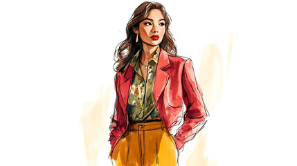Fototapeta premium A fashionable woman wearing a red blazer, floral shirt and yellow pants.