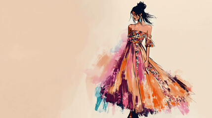Fototapeta premium Fashion illustration of a woman in a colorful dress.