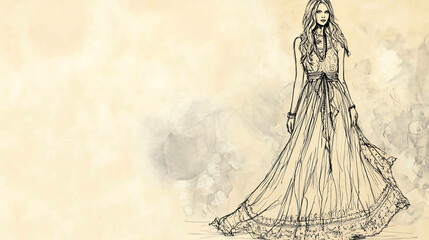 Hand-drawn illustration of a woman in a flowing gown.