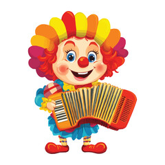 Cute clown playing an accordion in a colorful cartoon style