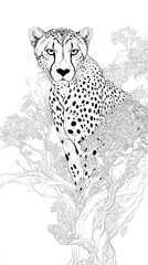 Cheetah Sitting in a Tree, Black and White Line Art