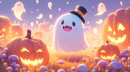 A white ghost figure with a cute face and smiley face, wearing a witch hat or with a little ghost as an element, is a representative of Halloween, which is celebrated on October 31st every year.