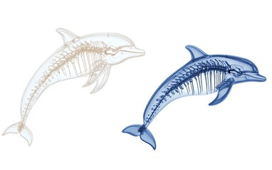 Illustration of dolphin skeletons showcasing anatomical structure and design in two color variations for educational purposes.