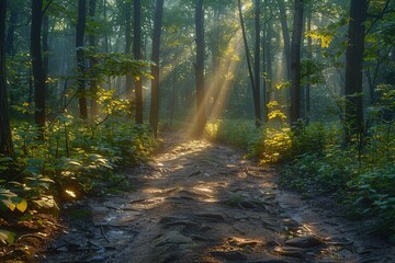 A forest path is illuminated by the sun, casting a warm glow on the trees and the ground