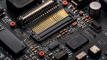 Close-up of a detailed electronic circuit board showcasing intricate components and connections, perfect for technology themes.