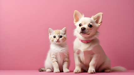 Adorable canine and feline paired with a pink backdrop featuring copy space. AI that is generative