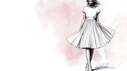 Fashion illustration of a woman wearing a white pleated skirt.