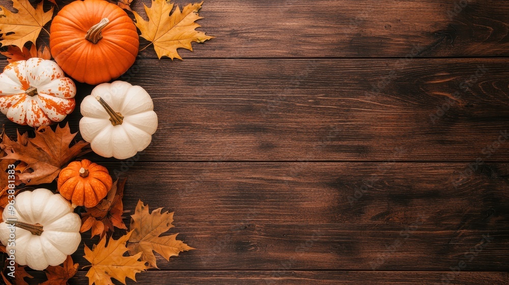 Wall mural Autumn Pumpkins and Leaves on Rustic Wooden Background