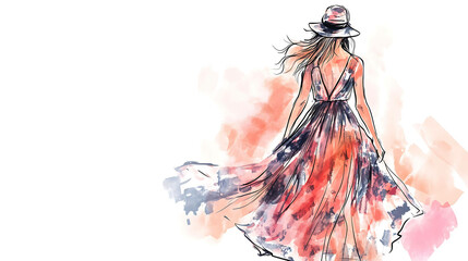 A watercolor illustration of a woman wearing a long dress and hat, with her hair blowing in the wind.