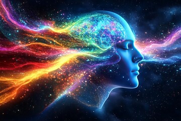 Visual cortex sensory integration and perceptual awareness cosmic abstract representation of a mind expanding with colorful energy waves and stars