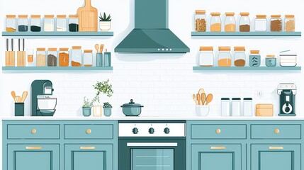 Modern Kitchen Interior with Teal Cabinets  Stove  and Open Shelving