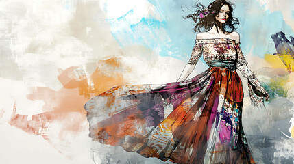 Fototapeta premium A woman with dark hair wears a colorful dress with an abstract watercolor background.