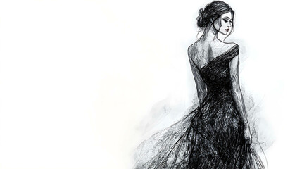 Fototapeta premium Sketch of a woman in a black gown, looking over her shoulder, facing right.
