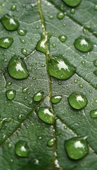 Close-up of Water Droplets on a Green Leaf
