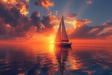 A sailboat is sailing on a calm ocean at sunset