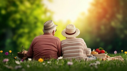 An elderly couple sitting on the grass with a picnic basket, enjoying nature on a sunny day, surrounded by wildflowers, evoking relaxation and companionship.