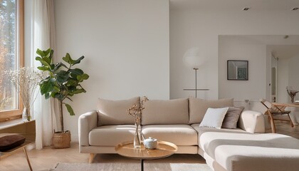 A simple living room with clean lines and neutral colors