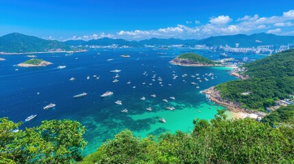 Fototapeta premium Scenic View of Boats Islands and Cityscape in a Tropical Paradise