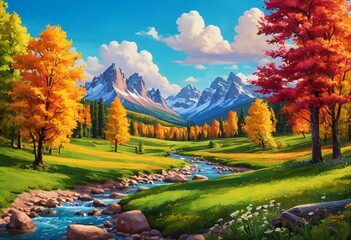 Obraz premium Beautiful and Peaceful Nature Scenery Illustration, Landscape, Countryside, Tranquil, Vibrant and Colorful