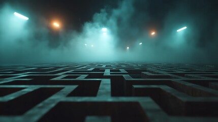 Mysterious maze in fog with glowing lights, creating an eerie atmosphere perfect for captivating visuals.