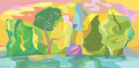 Abstract painting of the autumn wood forest. A landscape with trees reflected in the water, painted in different bright colors. A picturesque view of nature. Vector