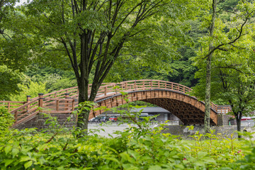 日本　長野県塩尻市奈良井にある中山道の宿馬町、奈良井宿の奈良井川に架かる木曽の大橋