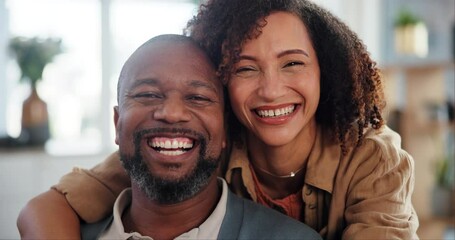 Couple, face and smile with hug on sofa for love, marriage commitment and bonding together of weekend peace. Man, woman and communication with embrace for care, loyalty and partner support at house