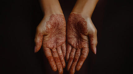 Fototapeta premium Hands display detailed mehendi patterns, showcasing artistry during a cultural event celebrated with joy and vibrant traditions