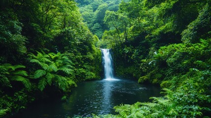 Lush Rainforest Waterfall with Crystal Clear Water