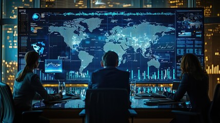 Business Team Analyzing Global Data on Large Digital Screen in Modern Office at Night
