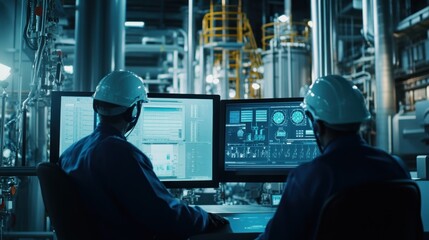 Engineers working in a large-scale hydrogen plant, monitoring energy output and efficiency