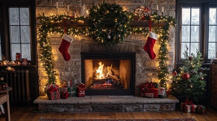 Cozy Christmas Stone Fireplace with Stockings, Garland, and Presents in a Festive Living Room