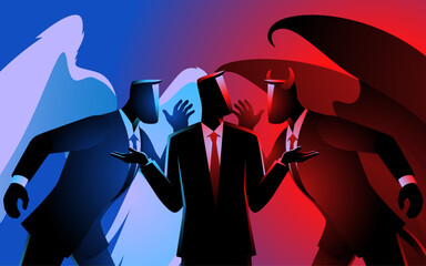 Businessman with an angel on his right and a devil on his left, both whispering persuasive ideas, represents moral dilemmas and internal conflict. Ideal for themes of choosing between right and wrong