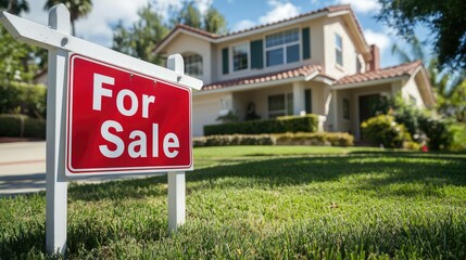 Real Estate Home with For Sale Sign in Front Yard on a Sunny Day