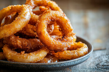 A close-up of crispy, golden-brown onion rings piled on a dark plate, showcasing their crunchy texture and appetizing appearance.