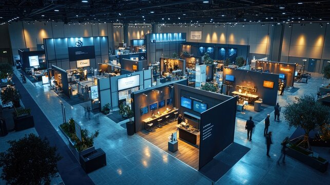 Modern Exhibition Hall with Various Booths and Attendees at a Trade Show Event
