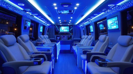 Naklejka premium Luxury Bus Interior with Blue LED Lighting and Reclining Seats
