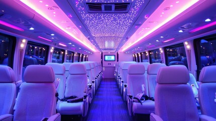 Fototapeta premium Luxury Bus Interior with Purple LED Lighting and Starry Ceiling