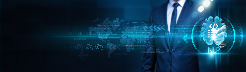Businessman touches nlp framework structure global network. Text analysis algorithms drive data...