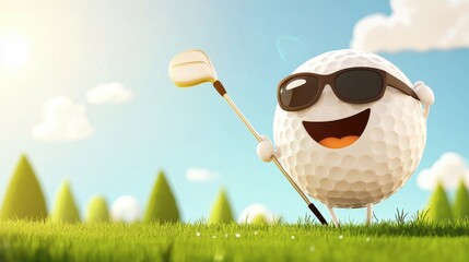 Happy Golf Ball Character with Sunglasses Holding Golf Club on Green Grass