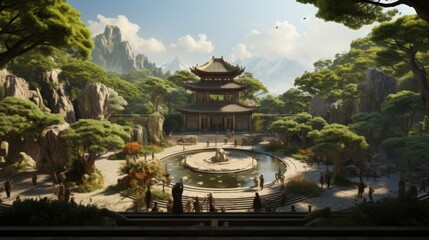 Obraz premium Group Practicing Tai Chi in a Peaceful Garden: Mindful Movements, Meditation, and Balance for Health and Wellness in a Tranquil Natural Setting